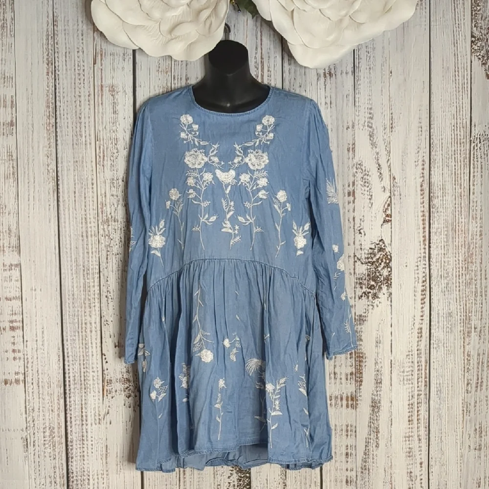 Philosophy Tencel Chambray Drop Waist Dress W/ Long Sleeves, Floral Embroidery - Picture 2 of 13